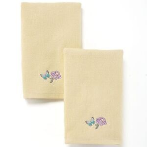 Valentina Butterfly Floral Hand Towels Set of 2 Cotton Embroidered Pale Yellow